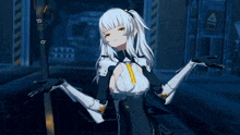 a girl with white hair is holding a sword in a dark room