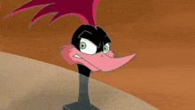 a cartoon duck with green eyes and a pink mohawk
