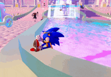 sonic the hedgehog is sitting on a ledge near a fountain