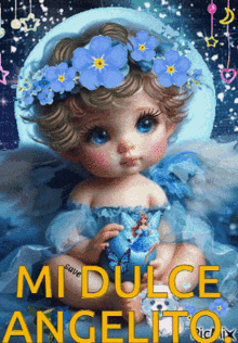a baby with blue flowers in her hair and the words midulce angelito on the bottom