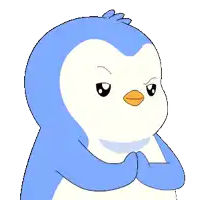 a blue and white penguin with a yellow beak looks angry