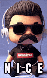 a cartoon character with a mustache wearing headphones and a shirt that says nice