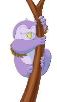 a purple owl with green eyes is hanging from a tree branch