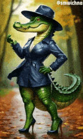a cartoon of a crocodile wearing a hat and a coat