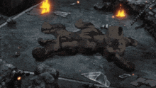 a teddy bear is laying on the ground in a cartoon scene
