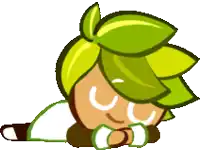 a cartoon character with green hair is laying down with his eyes closed and his hands on his head .