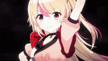 a girl with blonde hair and pink eyes is holding up her hand