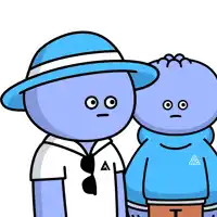 a cartoon drawing of a man wearing a blue hat and a blue hoodie with the letter t on it