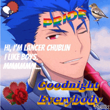 a picture of a blue haired anime character with the words " goodnight everybody " at the bottom