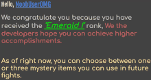 a congratulations message from noobuseromg is displayed