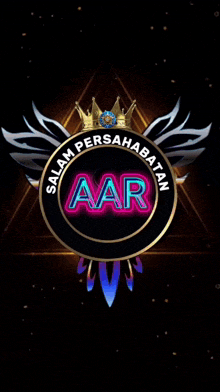 a logo for aar with a crown and wings on a black background