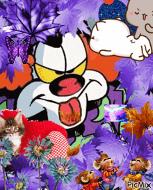 a picture of a cartoon cat with purple leaves and flowers has the word picmix on the bottom right