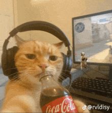 a cat wearing headphones and holding a coca cola bottle
