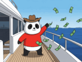 a panda bear wearing a cowboy hat is on a boat
