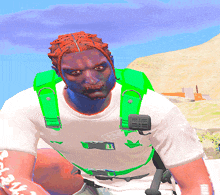 a man wearing a white t-shirt with a green backpack on his back has the number 11 on his chest
