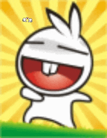 a cartoon bunny is laughing with a rainbow emoji above his head