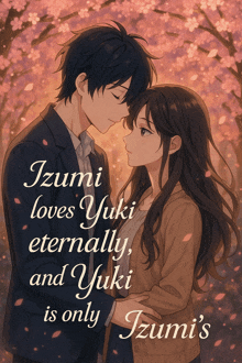 a picture of a man and a woman with the words izumi loves yuki eternally and yuki is only izumi 's