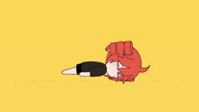 a cartoon drawing of a person with red hair laying on the floor