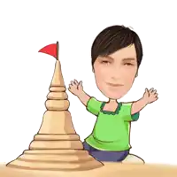 a cartoon of a woman making a sand castle with a flag on top