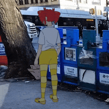a cartoon character is standing in front of a vision times newspaper bin