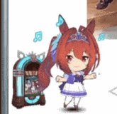 a cartoon girl is dancing in front of a jukebox with music notes .