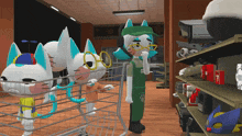 a cartoon character in a store with a sign that says clandes on it