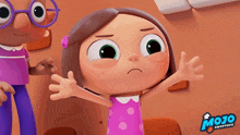 a cartoon girl with her arms outstretched and the word mojo on the bottom left