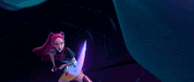 a cartoon girl is holding a sword in her hand while standing next to a purple light .