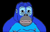 a cartoon of a blue gorilla with a gray face and a blue shirt on a black background .