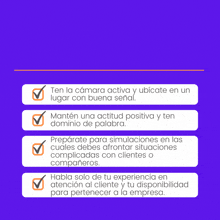 a purple poster that says ya estamos a pocas horas de tu entrevista virtual