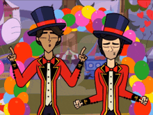 two men in top hats are standing in front of balloons and one has the letter p on his arm