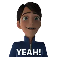 a cartoon character is smiling and says yeah in white letters
