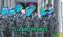 a group of lizard people wearing nasa suits