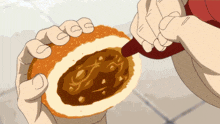 a cartoon drawing of a person pouring sauce on a bread