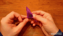a person is holding a piece of purple paper and the words made in animotica are visible