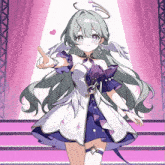 a girl in a purple and white dress with a heart on her head