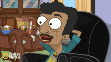 a cartoon of a man sitting in a chair with the words comedy central on the bottom right