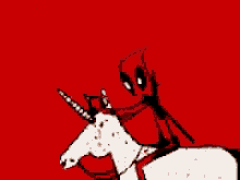 a cartoon of deadpool riding a unicorn with a rainbow behind him
