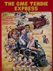 a poster for the gme tendie express shows a man sitting on a train
