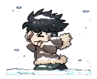 a cartoon drawing of a boy standing in the snow with the number 12 on his face