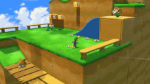 a video game scene with a few blocks with numbers on them