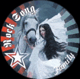 a picture of a woman holding a white horse with the words rock song family written on it