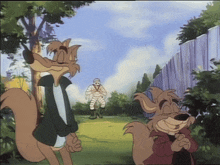 a cartoon of a fox and a dog standing in a yard