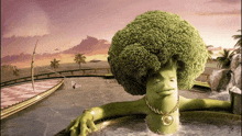 a cartoon drawing of a broccoli man in a bathtub