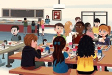 a group of children are sitting at tables in a school cafeteria eating food .