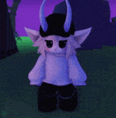 a cartoon character with horns is wearing a white sweater and black pants