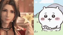 a woman is holding a flower next to a drawing of a cat