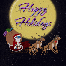 a happy holidays greeting card with santa in a sleigh pulled by three reindeer