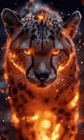a close up of a cheetah 's face surrounded by fire
