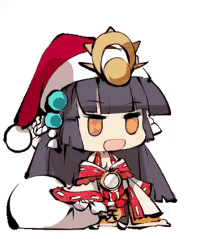 a cartoon girl wearing a santa hat and a crown is sitting on the floor .